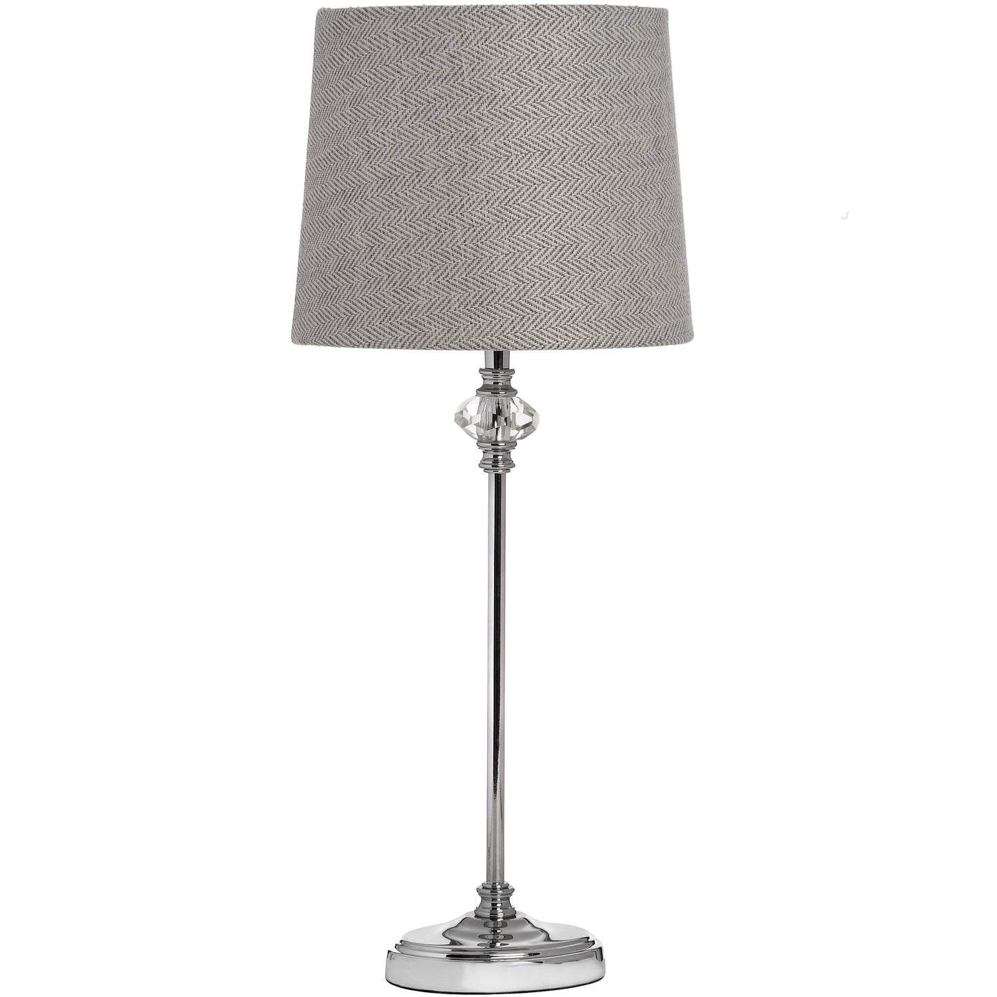 Radiance Chrome Table Lamp has a striking sleek lamp base combined with a timeless grey herringbone shade.