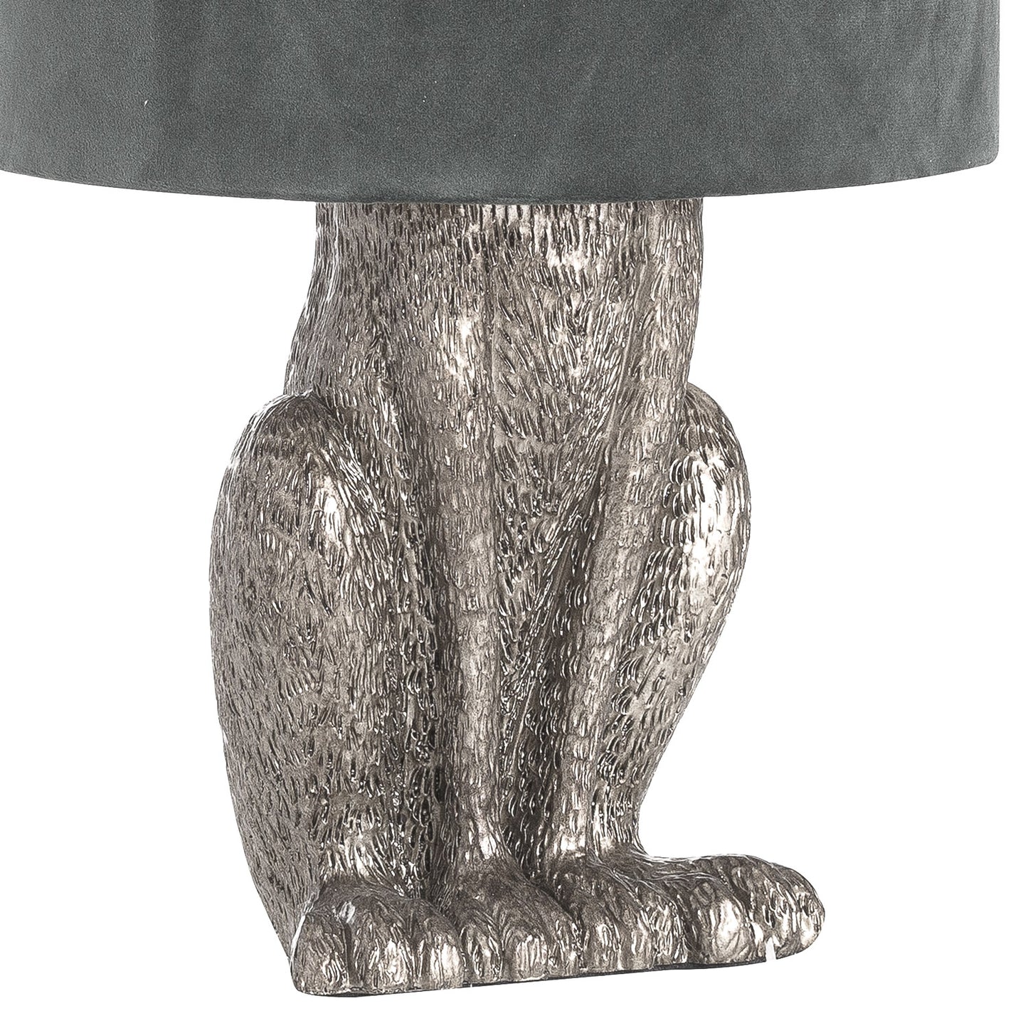 Silver Hare Table Lamp. An extraordinary design with a brushed nickel effect base with a grey velvet shade.