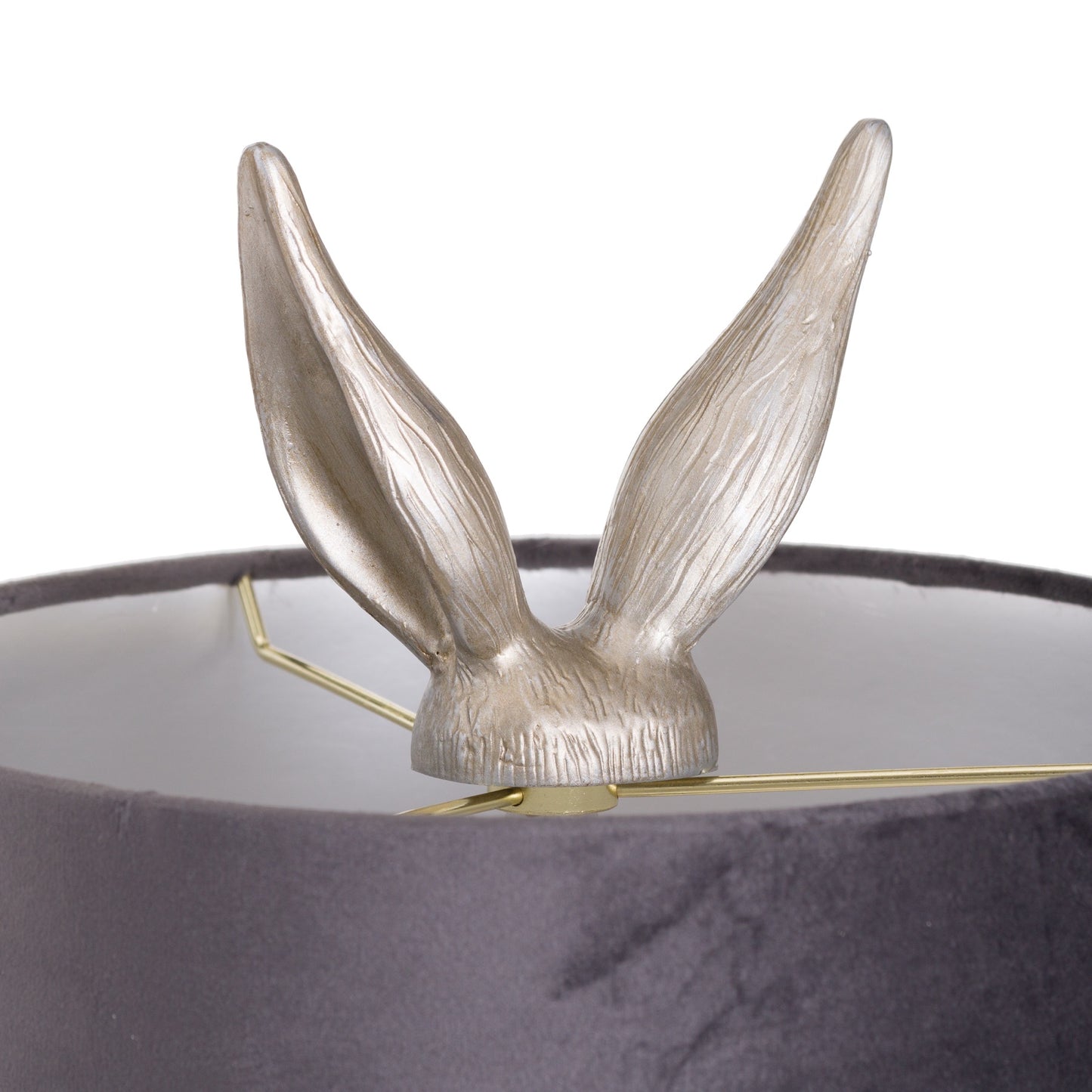 Silver Hare Table Lamp. An extraordinary design with a brushed nickel effect base with a grey velvet shade.