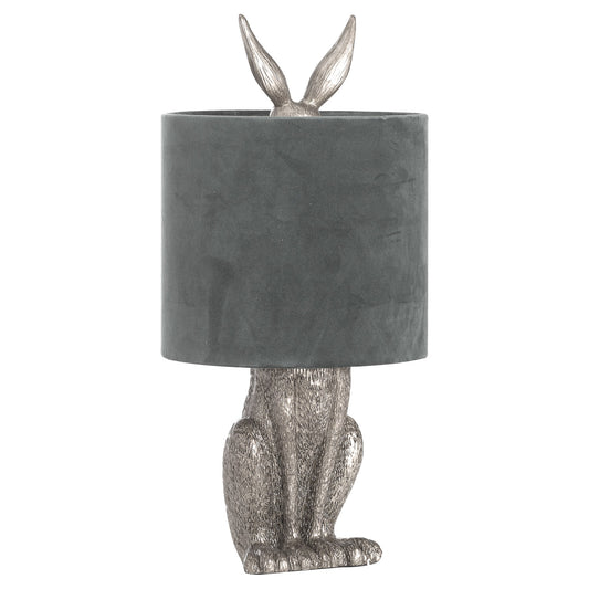 Silver Hare Table Lamp. An extraordinary design with a brushed nickel effect base with a grey velvet shade.