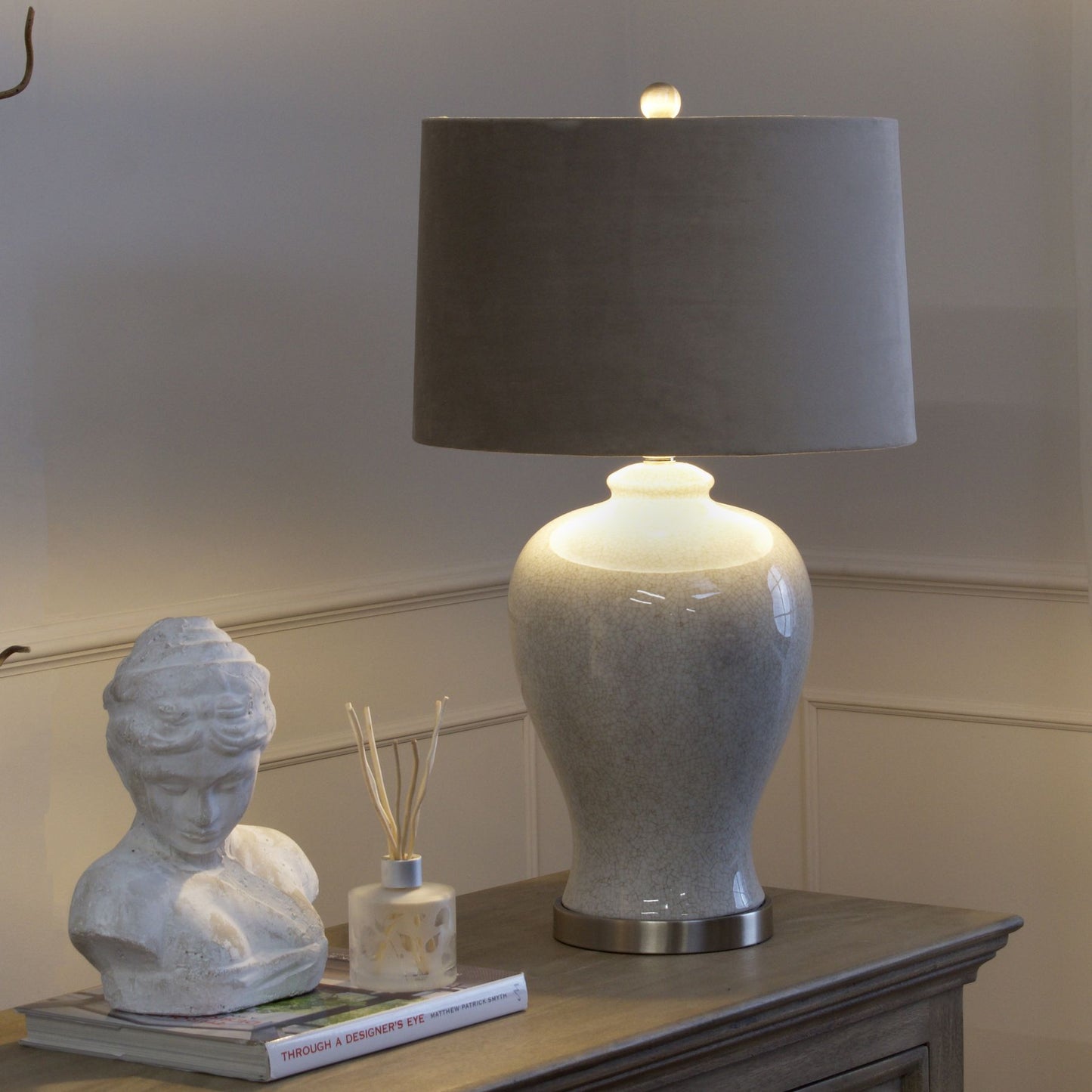 Tranquil Ceramic Table Lamp with a natural coloured shade and handcrafted crackle-crazed ceramic base.