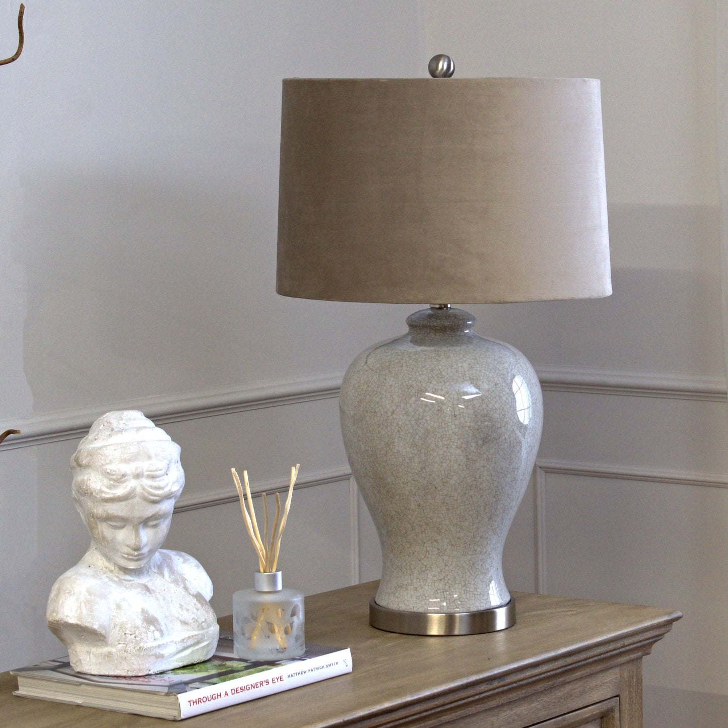 Tranquil Ceramic Table Lamp with a natural coloured shade and handcrafted crackle-crazed ceramic base.