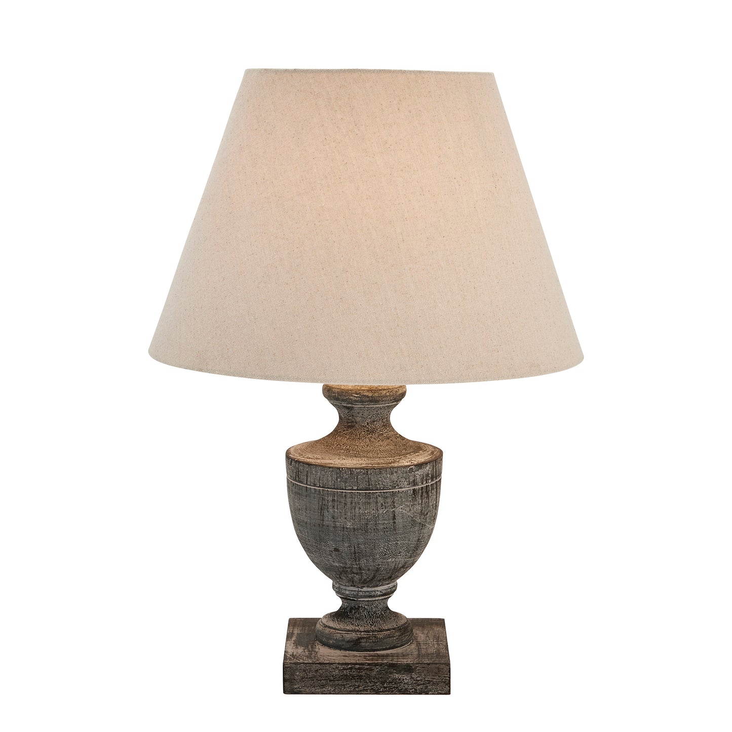 Inca Urn Wooden Table Lamp, a simple and elegant table lamp complete with a linen shade