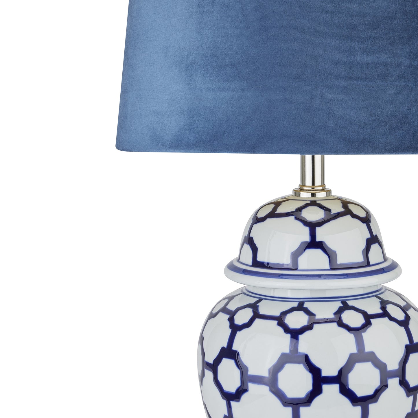 Icanthus Blue And White Handcrafted Ceramic Lamp in traditional ginger jar-shaped design with blue velvet shade.