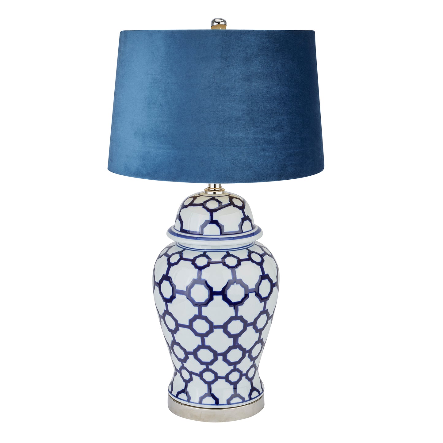 Icanthus Blue And White Handcrafted Ceramic Lamp in traditional ginger jar-shaped design with blue velvet shade.